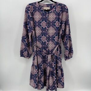 Loft Buttoned Dress Blue Pink Geometric Belted M